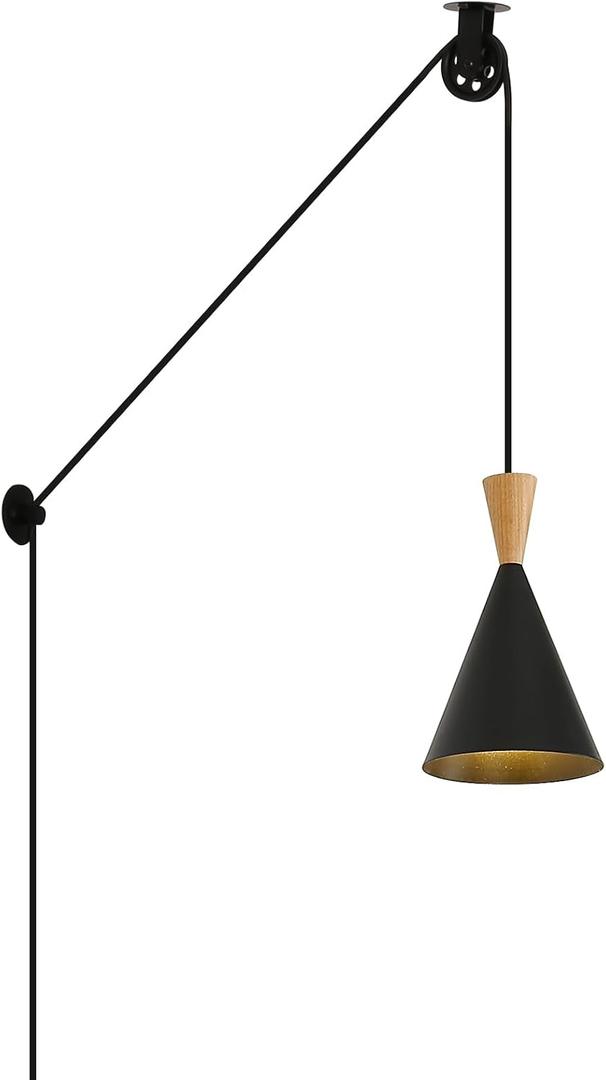Modern Plug in Pendant Light Fixtures, Height Adjustable Hanging Lamp with Pulley, Minimalist Pendant Light for Kicthen Island, Dining Room, Living Room, Corner Growth Lighting, Black