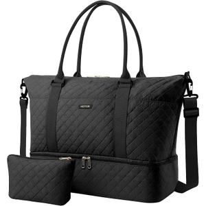 HOTOR Travel Duffel Bag - Weekender Bags for Women, Gym Tote Bags with Shoe Compartment, Carry On Overnight Bag with Toiletry Bag for Travel Essentials and Travel Accessories, Black, 13.4"17.3"7.9"