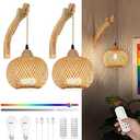 Frideko Boho Rechargeable Battery Operated Wall Sconces Set of Two with Remote, RGB 15 Colors Dimmable Wireless Wall Light, Bamboo Indoor Wall Lamp with 3 Timer, Rattan Wall Lighting for Bedroom
