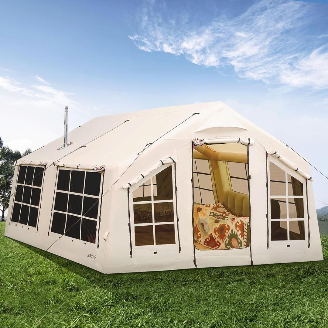 2025 Upgraded Waterproof Inflatable Camping Tent, Large Blow-Up Air Tent, No Assembly Needed Luxury Glamping House, Oxford Fabric (12x15ft, Light Beige-Dual-layer Doors)