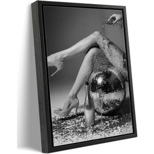 Framed Black and White Fashion Canvas Wall Art Trendy Women Disco Ball High Heels Wine Glass Picture Wall Decor Luxury Feminist Poster Print for Girl Bedroom Bar Cart Dorm Home Decoration 16x24in