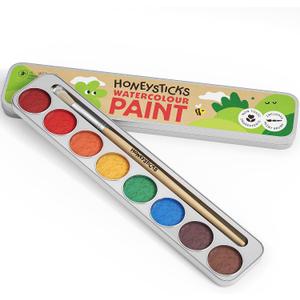 Honeysticks Non-Toxic Watercolor Paint Set for Kids and Toddlers - 8 Vibrant and Long Lasting Colors with Brush - Natural and Food Grade Ingredients - Child Safe Art Supplies - Great Gift Idea