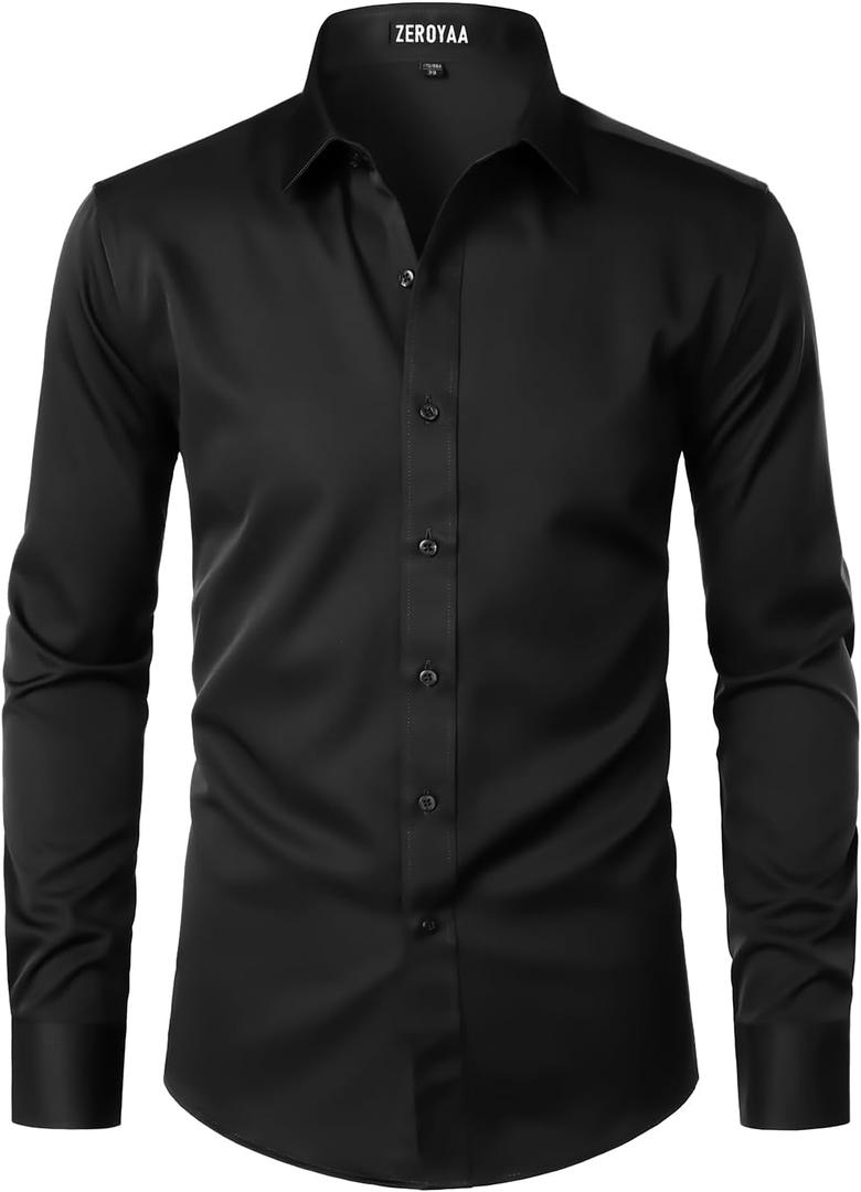 ZEROYAA Men's Long Sleeve Dress Shirt Modern Slim Fit Wrinkle-Free Casual Business Button Up Shirts (Black, XL)