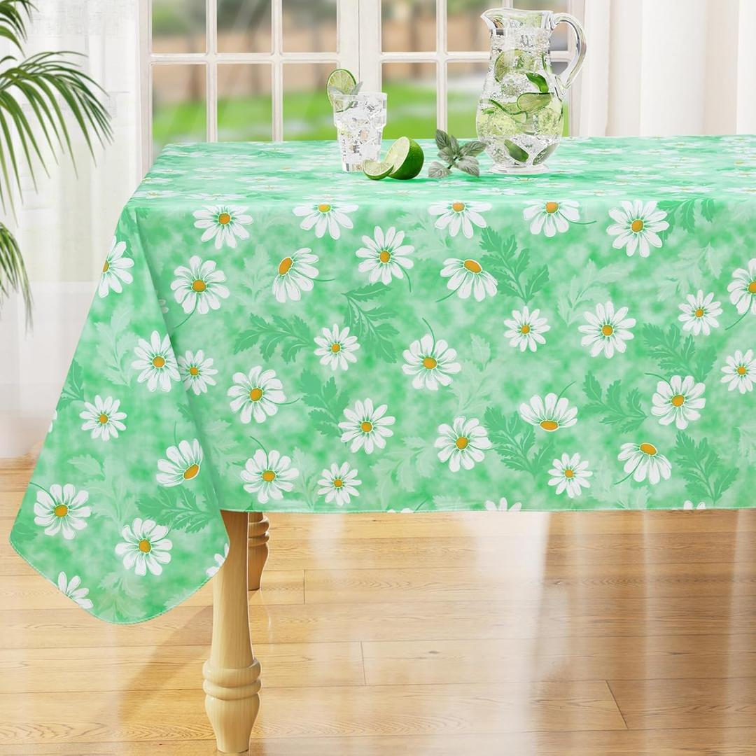 misaya Square Waterproof Vinyl Table Cloth, Wipeable Tablecloth with Flannel Backing, Plastic Table Cover for Dinner, Picnic, Indoor and Outdoor (Green Daisy, 54" x 54")