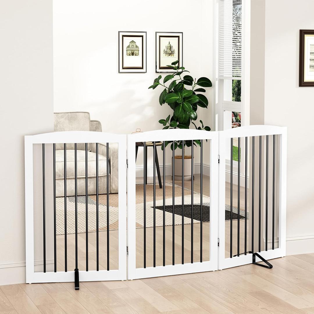 PUPETPO Freestanding Pet Gate for Dogs, Foldable Wooden Dog Gate for House Indoor, Tall Pet Fence for Stair, Doorway,Hall, Support Feet Included, 3 Panels 32",White