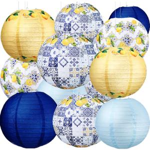 Retisee 12 Pcs 10'' Capri Lemon Pattern Paper Lantern Party Supplies for Bridal Shower Wedding Amalfi Coast Blue Yellow Tiles Mediterranean Party Paper Lantern Hanging Decor for Lemon Birthday