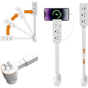 Adjustable Power Strip Tower, 26.4-inch Height, 360° Rotating Surge Protector with Multiple Outlets, White (American Standard - Square)