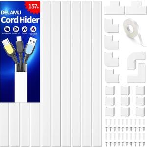 Delamu Cord Hider, 157in Wire Covers for Cords on Wall, Premium Cable Hider Cord Covers for Wires, Cable Management Wire Hiders for TV, Cable Raceway Kit, W0.95 H0.55in, White