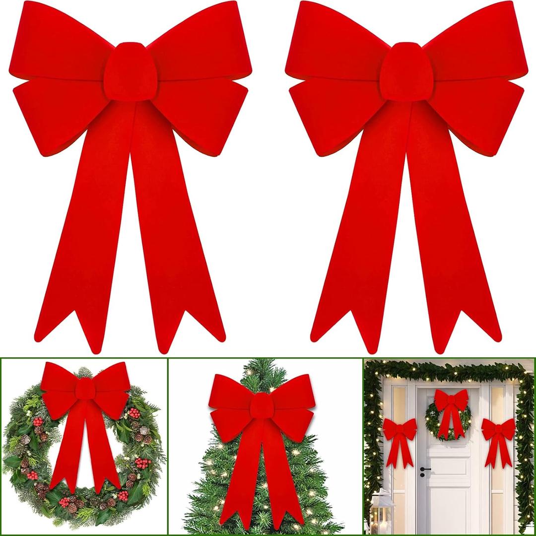 TURNMEON 2 Pack 12'' x 18'' Large Red Velvet Christmas Bows Outdoor Decorations, Christmas Bows Waterproof Decor for Wreaths Garland Christmas Tree Topper Xmas Outside Indoor Home Party Decorations