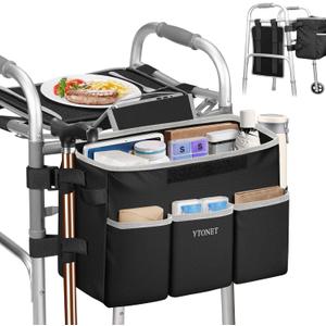 Ytonet Walker Basket with Tray, Detachable Walker Tray for Folding Walkers, Large Capacity Storage Basket with Phone and Crutch Holder, Water-Resistant Non-slip Walkers Accessories for Seniors (Black)