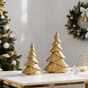RM ROOMERS Christmas Tree Figurines Wooden, Set of 2 Gold Christmas Tree Vintage Tabletop Xmas Statues, Antique Decorative Xmas Trees for Desk, Mantel, Entryway, Rustic Holiday Centerpieces