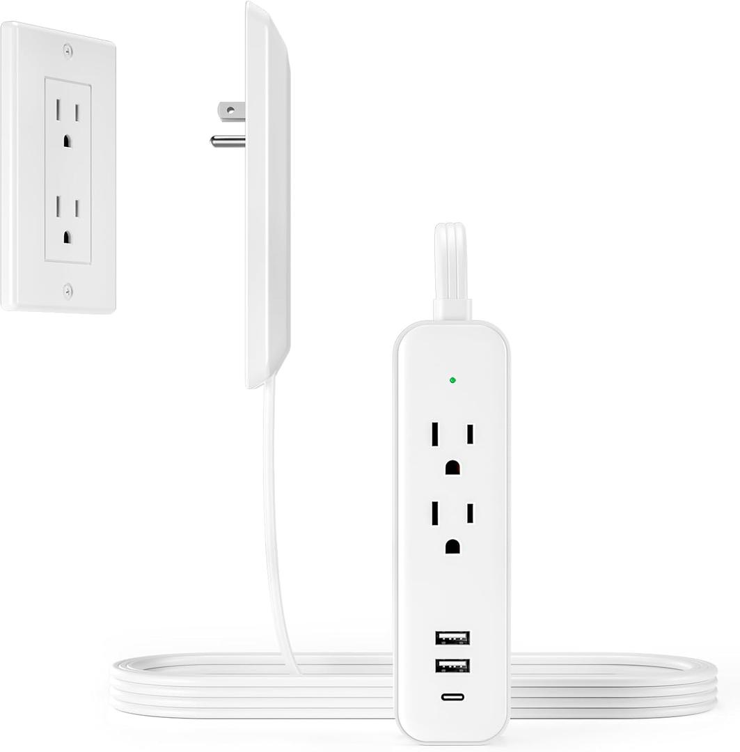 Flat Socket Extension Cord 5 FT Surge Protector Power Strip with 2 AC Outlets 1 USB C and 2 USB A Ports, Multiple Wall Outlet Extender Suitable for Home Dorm Desk Garage Work Travel Apartment (5FT)