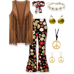60s 70s Outfit for Women Hippie Costume 8pcs Fringe Vest Flared Pants Costume Peace Sign Necklace Earrings XXL