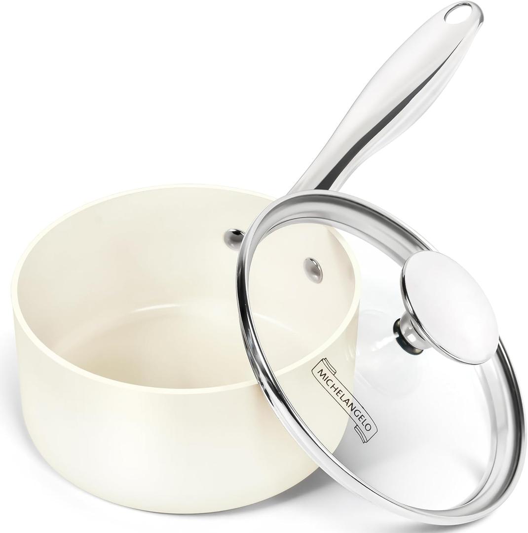 MICHELANGELO 1 Quart Saucepan with Lid, Nonstick Sauce Pan with Non-Toxic Ceramic Coating, Cream Sauce pan, 1 Qt Saucepans, Oven Safe (White)