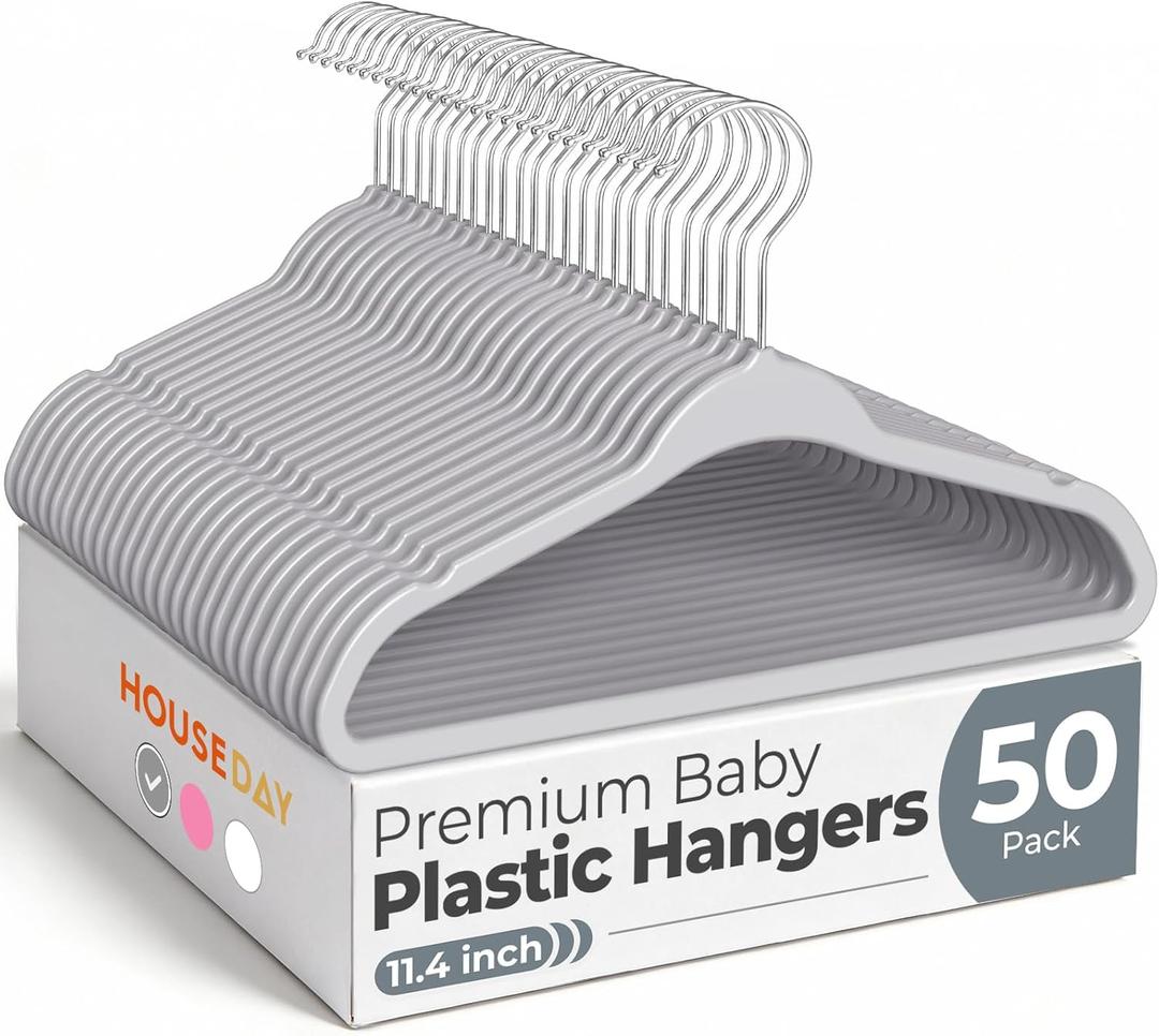 HOUSE DAY 11.4 Inch Baby Hangers 50 Pack - Plastic Kids Hangers Space Saving Thin Profile, Children Closet Organizers with Rotatable Hook of 360°, Heavy Duty for Toddler Clothes Nursery - Gray
