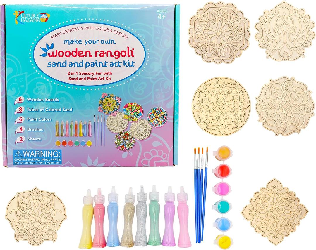 2 x Kulture Khazana: Make Your Own Wooden Rangoli - 2-in-1 Sand & Paint Art Kit - Creative Diwali Activity, Mess-Free Drop Cloths, Kids DIY Sensory Craft