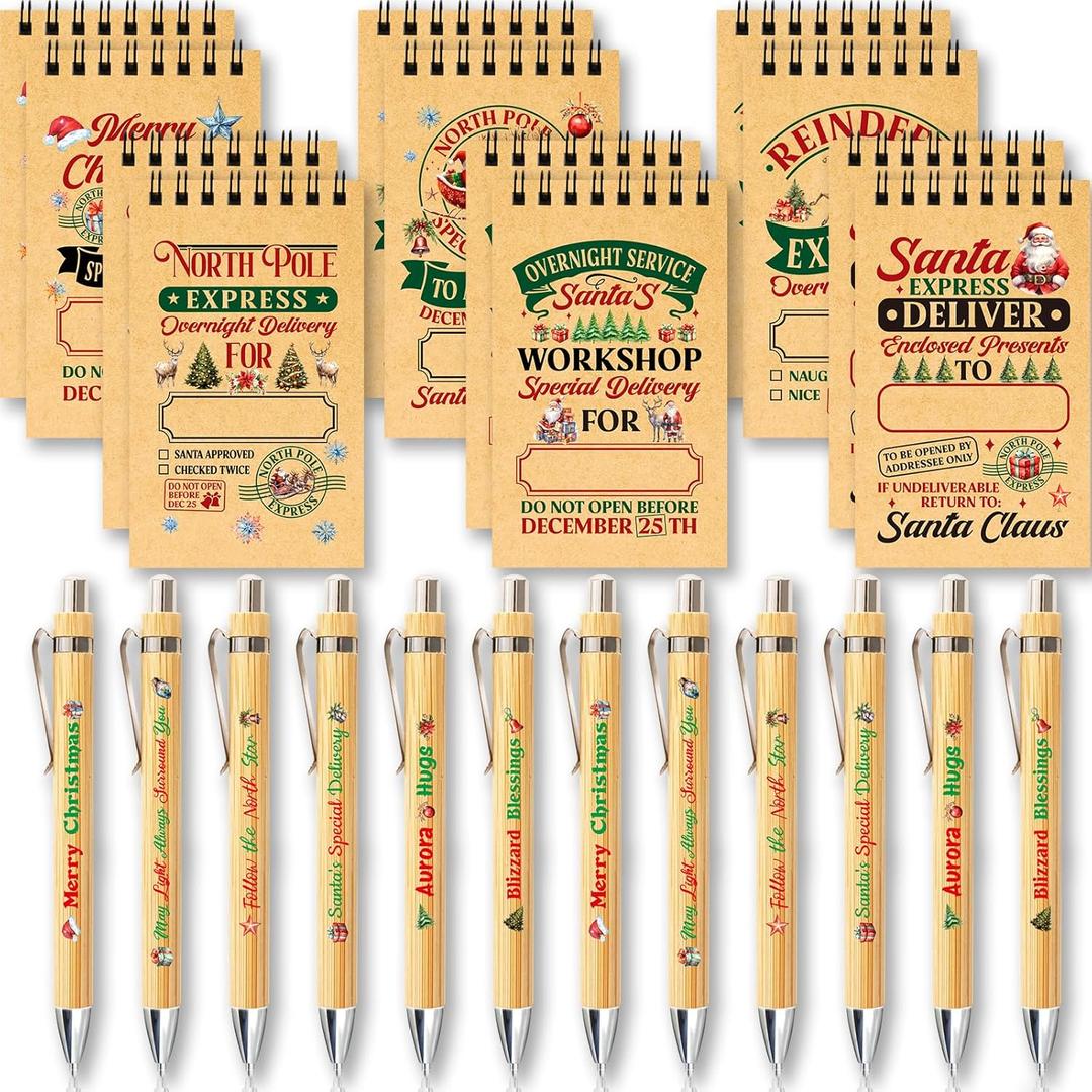Fancy Land 48 Pcs Christmas Ballpoint Pen and Spiral Notepads Set Mini North Pole Notebooks Holiday Pens for Xmas Party Stocking Fillers Classroom Gifts Prizes