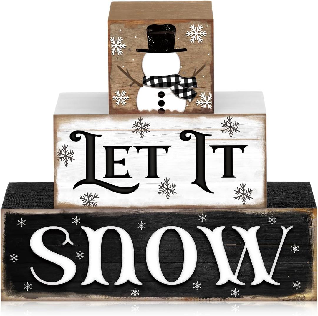 3 Pcs Winter Let It Snow Tiered Tray Decor Table Sign Winter Theme Wood Decorations Centerpiece Decor for Party Gift Desk(Snowman Style)