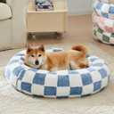Ohocut Checkered Dog Bed, Cute Blue Retro Style Aesthetic Round Warming Pet Calming Beds for Small Dog and Cats, Plush Cozy Donut Dog Beds Washable, 30" L x 24" W x 8" Th