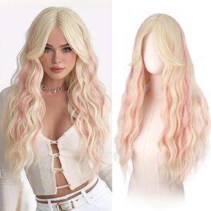 Haloo Blonde Wigs with Curtain Bangs for Women - Long Wavy Middle Part Natural Looking Synthetic Hair Wig for Daily Party Cosplay Costume, 26 Inch Blonde Mixed Pink