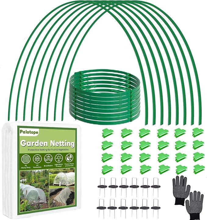 Garden Mesh Netting Kit, 10x33 Ft Ultra Fine Mesh Netting & 8 Pcs Fiberglass Hoops & 32 Clips for Vegetable Plants Fruits Flowers Crop Greenhouse Row Cover Birds Animals Barrier Protection Net