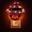 Halloween Decorations, Ceramic Pumpkin in Witch Hat Plug-in Night Light, Vintage Halloween Decorative Night Light with 17 Bulbs, Halloween Decor Indoor for Party Gift Bedroom & Hallway (2-Ceramic Jack O' Lantern)