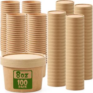 Fulmoon 100 Pack Paper Soup Containers with Lids Disposable Paper Food Containers with Vented Lid Kraft Ice Cream Cake Dessert Cups Soup Bowl for Party Hot Food Fruit Microwave (8 oz,Brown)