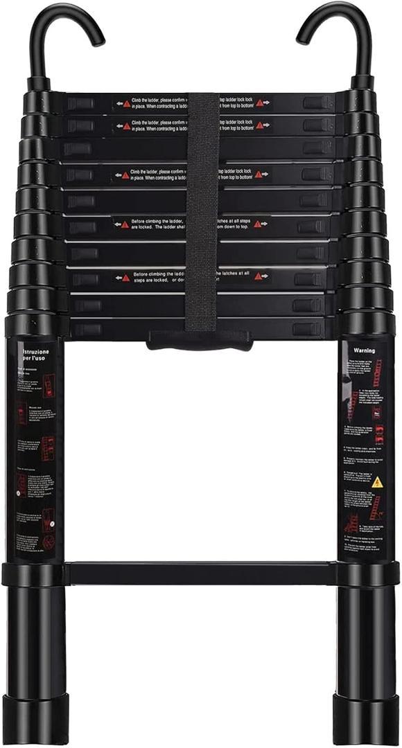 Telescoping Ladder 10.5 FT - Aluminum Telescopic Ladder with Hooks - Folding Extension Ladders for Home Work Loft Roof Attic RV Ladder with EN131 Certification - 330lbs Max Capacity (Black)