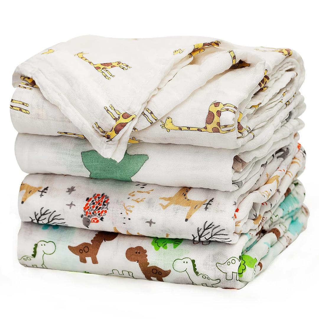 upsimples Baby Swaddle Blanket Unisex Swaddles Wrap Soft Silky Muslin Neutral Receiving Blankets for Boys and Girls, Large 47 x 47 inches, Set of 4 - Fox/Elephant/Giraffe/Dinosaur (Green White)
