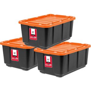 IRIS USA 3-Pack 27 Gallon Storage Bins with Lids |Made in USA| Heavy Duty Plastic Tote Containers for Truckbed Tool Box Organization, Large - Orange