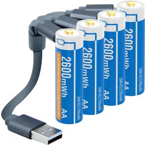 2 x Henreepow 1.5V AA Lithium Rechargeable Batteries, High Capacity 2600mWh(1700mAh) Double A Lithium ion Rechargeable Battery, 1200 Cycles with 4 in 1 USB Charging Cable (4 Pack with Storage Box)