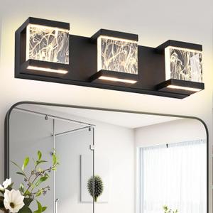 MELUCEE Modern LED Bathroom Lights Over Mirror 15W 3 Lights LED Vanity Light Bar with Unique Smoke Acrylic Panel Black Bathroom Wall Light Fixtures for Bath Powder Room, 3000K Warm Lighting