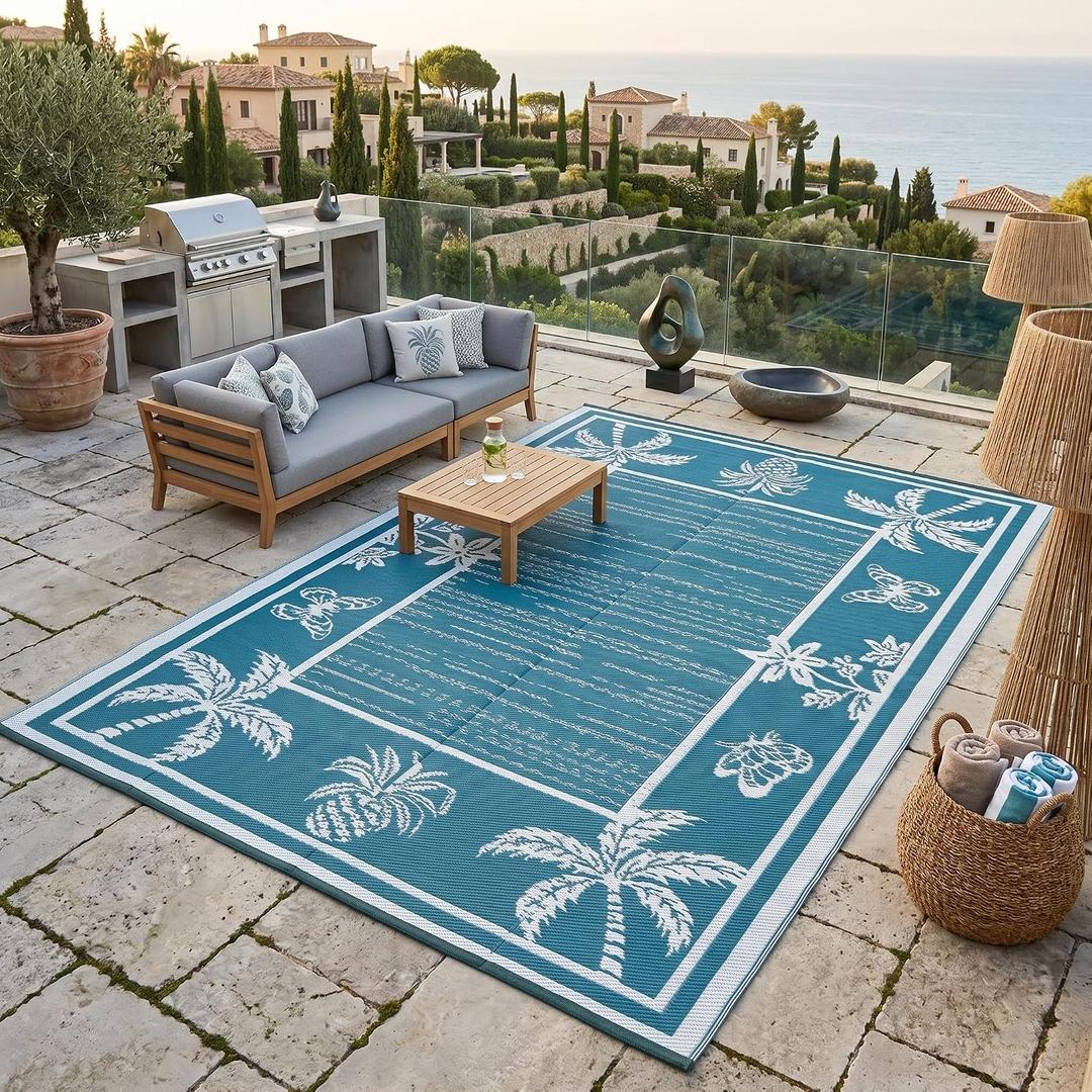 Garvee Outdoor Rug 9x12 Waterproof for Patios, Reversible Plastic Straw Rug, Tropical Leaf Indoor Outdoor Rugs, Large Area Rug for RV, Camping, Deck, Picnic Mat, Outside Carpet