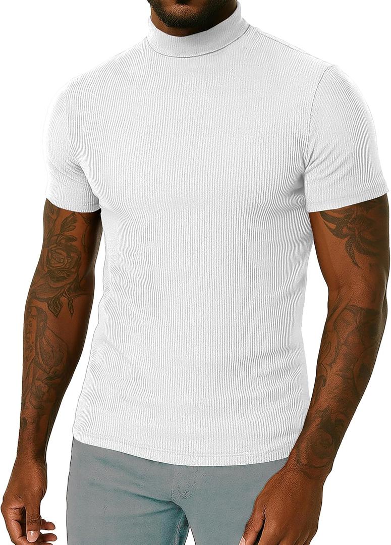 URBAN BUCK Turtleneck Men Long Sleeve Knitted Shirt - Ultra Soft Cotton Slim Fit Ribbed Turtle Neck Sweater for Men (Small, Monak White Mock Turtle Neck)