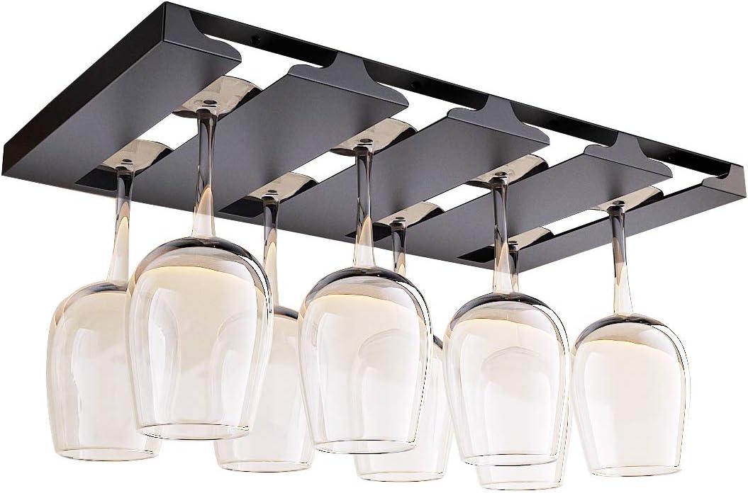 Glass Holder Under Shelf or Cabinet, Stainless Steel 16.5 Inch Stemware Rack, Glassware Drying Hanger, Metal Hanging Organizer for Bar Restaurant, Matte Black, 4 Row