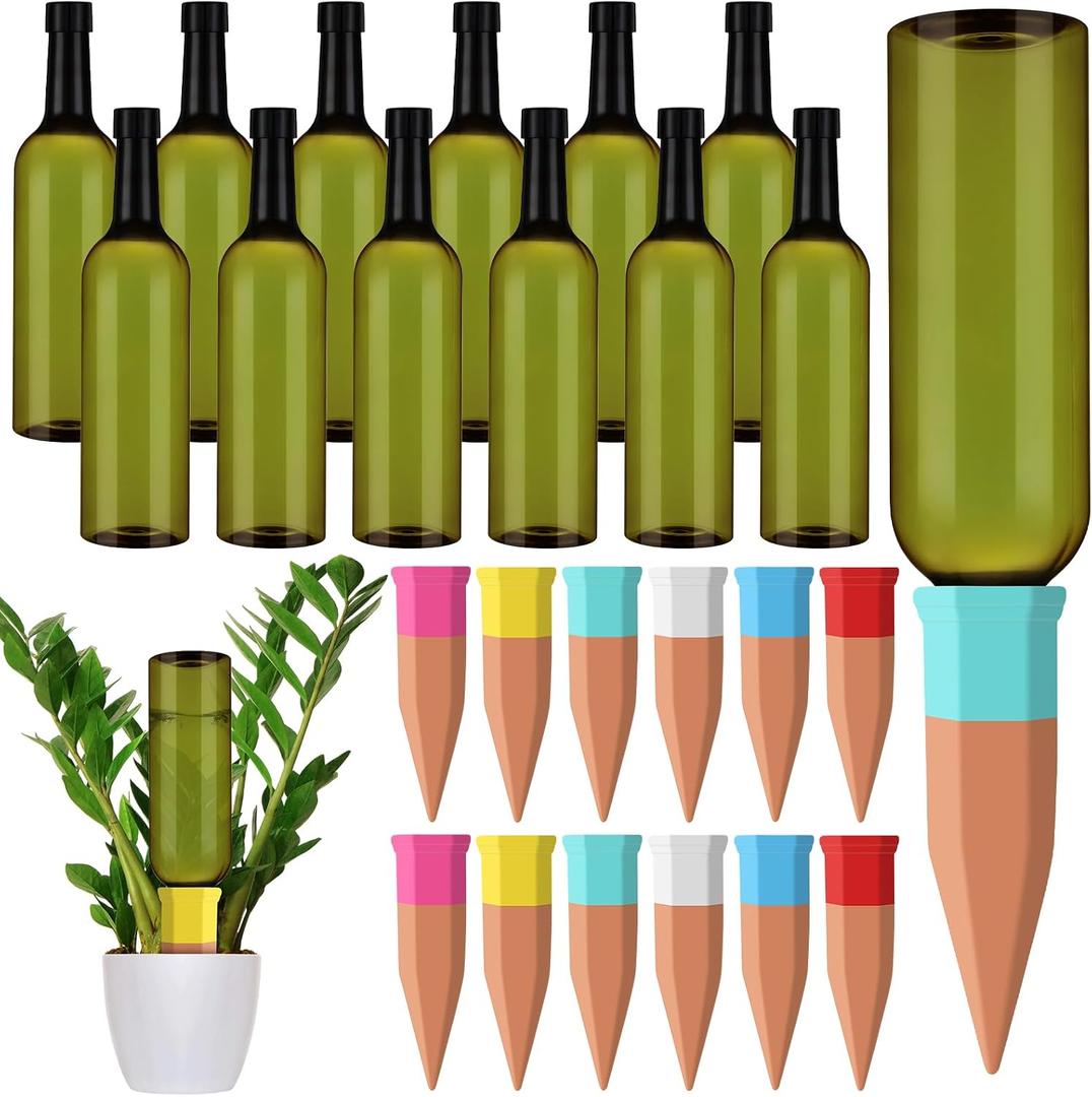 SiliFine 12 Set Plant Watering Devices Include Terracotta Self Watering Spikes and 26 oz Plastic Bottles, Slow Release Vacation Insert Automatic Plant Waterer Device (Green and Mixed Color)
