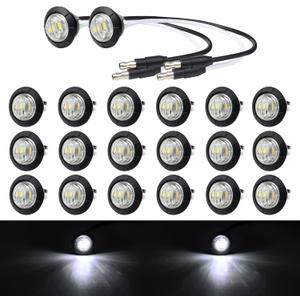 TMH 3/4 Inch Mini White Light 3 LED with Connector Plug Clearance Markers Side Marker Indicator Lights Mini Round Front Rear with Grommet for Truck Trailer Lorry Bus 12V DC (Pack of 20)