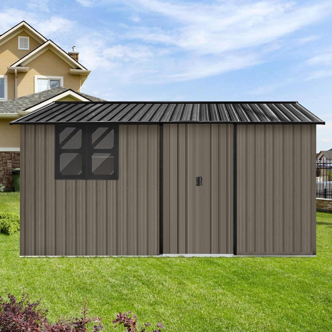 12 x 10 FT Outdoor Storage Shed, Metal Garden Tool Shed with Slooping Roof, Lockable Doors and Aluminum Frames, Easy to Assemble for Garden, Patio, Lawn, Brown