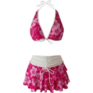 Floerns Women's 3 Piece Bikini Sets Boho Floral Print Halter Swimsuit Layered Ruffle Bathing Suit (Pink, M)