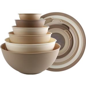 COOK WITH COLOR Mixing Bowls with TPR Lids - 12 Piece Plastic Nesting Bowls Set includes 6 Prep Bowls and 6 Lids, Microwave Safe (Brown)