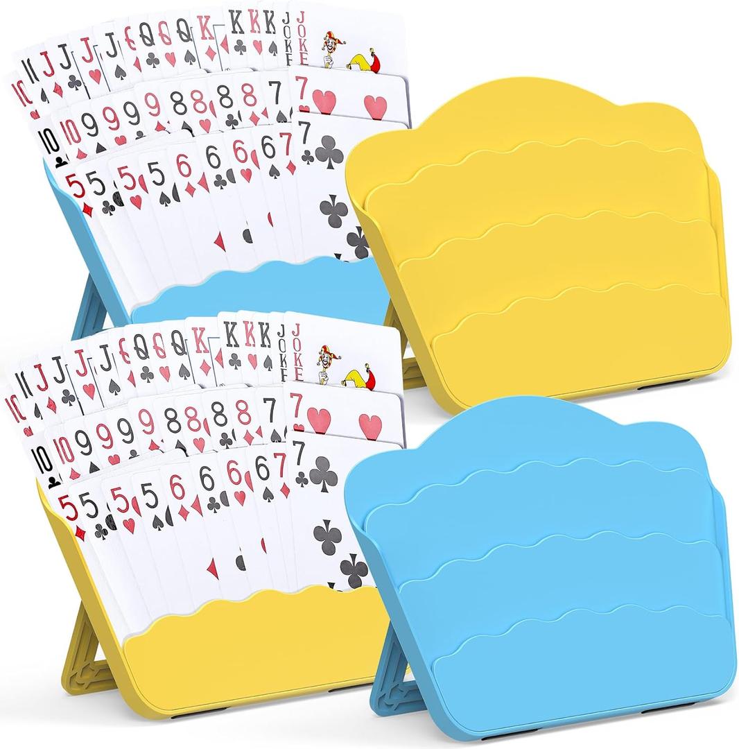 RESOVO Playing Cards Holders Stands Decks w/Foldable Tabletop Stand, 3 Layers Design for Poker UNO Cards, Playing Card Accessories, Set of 4 (2 Blue + 2 Yellow)