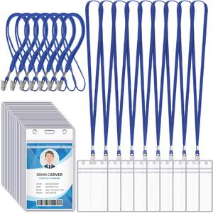 Marspark 100 Pcs ID Badge Holder with Lanyard Lanyards for ID Badges Resealable Flat Neck Name Tag with Clip Waterproof Plastic Clear Badges Bulk for School Office Supplies (Blue)