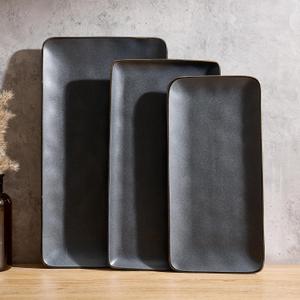 Famiware Serving Platter, Rectangular 15.67/14.1/12.6inch Serving Dishes for Entertaining, Dishwasher Safe, Stoneware Serving Trays for Party, Food, Turkey, Cheese, Reactive Glaze, Matte Dark Charcoal