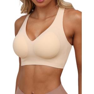 2 x HORISUN Women Wireless Bras Seamless Cross Back V Neck No Underwire Bralette Comfort T Shirt Bra (Beige, S)