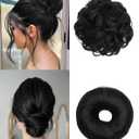 2PCS Messy Bun Hair Piece-Large Wavy Curly & Donut Updo Hair Pieces Set, Scrunchies Synthetic Chignon Ponytail Extensions Thick Updo for Women (Natural Black)
