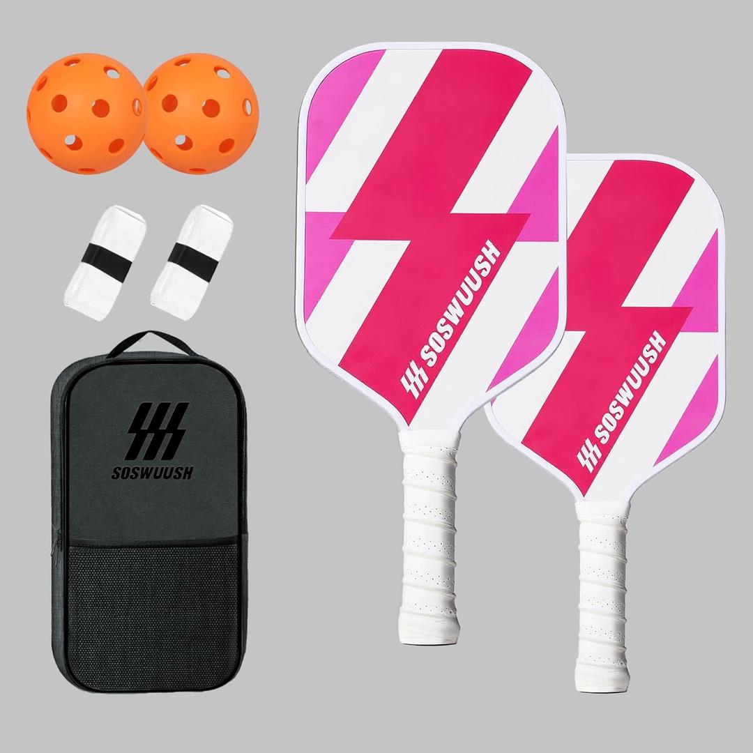 Carbon Fiber Pickleball Paddles Set of 2 - Carbon Fiber & Fiberglass Hybrid Face with Polypropylene Honeycomb Core, Cushion Grip and Carry Bag 