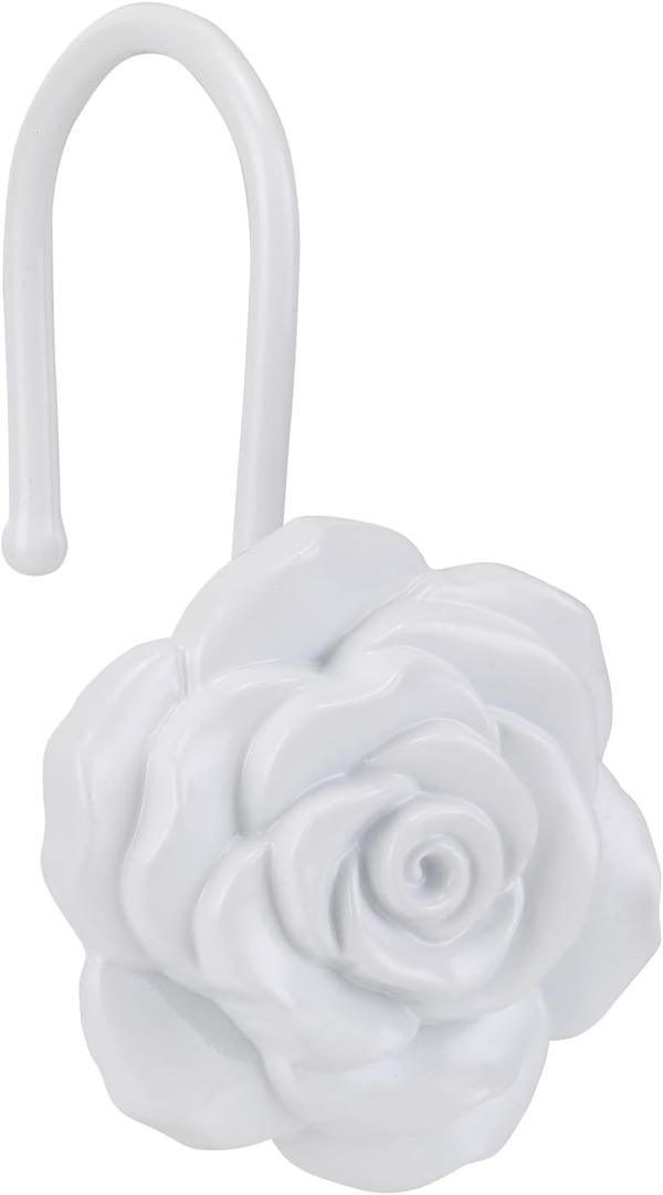 Metal Rose Shower Curtain Hooks, Rust-Resistant Hooks for Shower Curtain Rods, Set of 12, Beautiful Floral Rose Design Bathroom Decoration Hooks (White)
