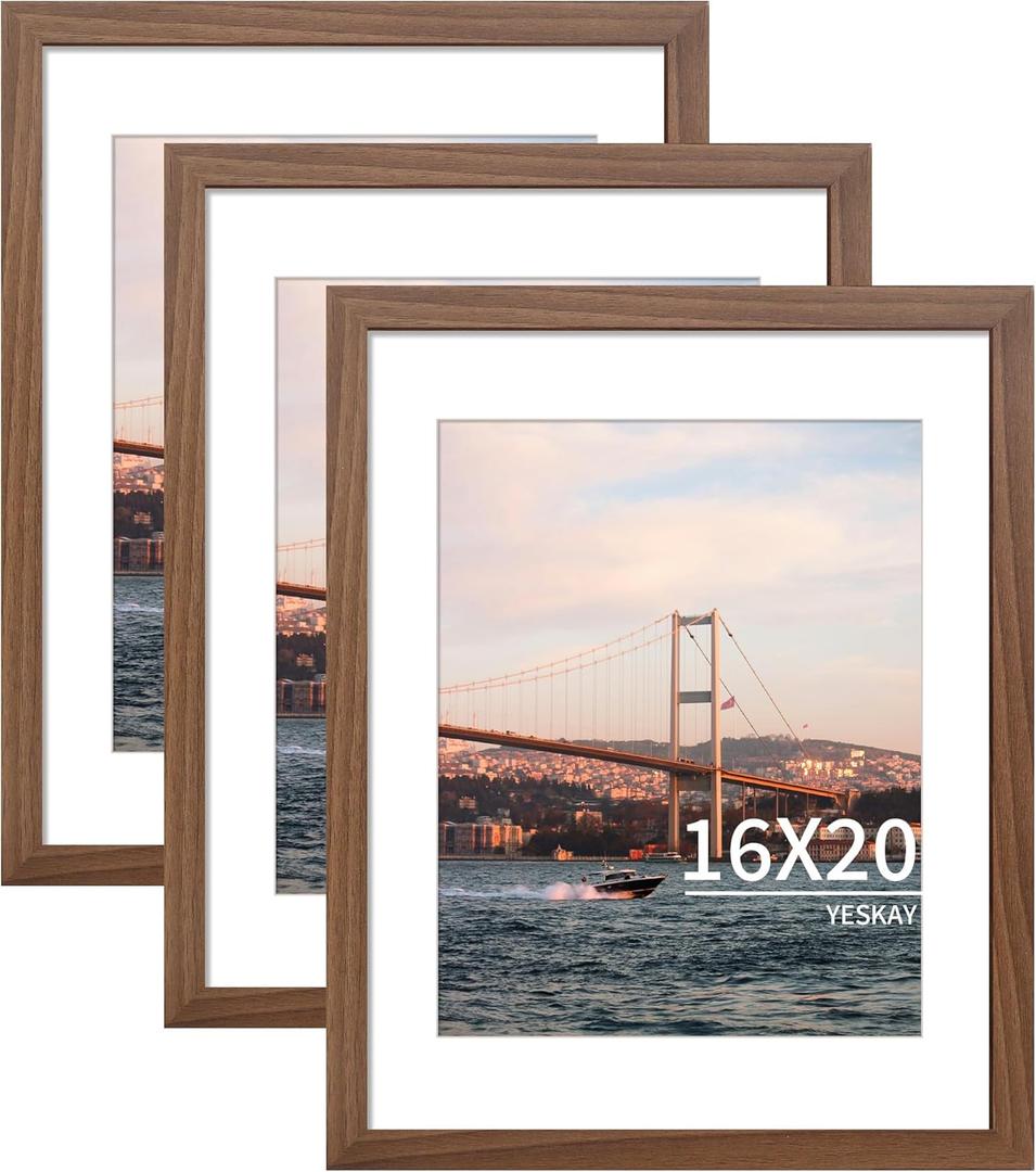 16x20 Picture Frame Brown Set of 3, Display Pictures 11x14 with Mat or 16 x 20 Without Mat, Poster Frames 16x20 for Wall Hanging Horizontal and Vertical