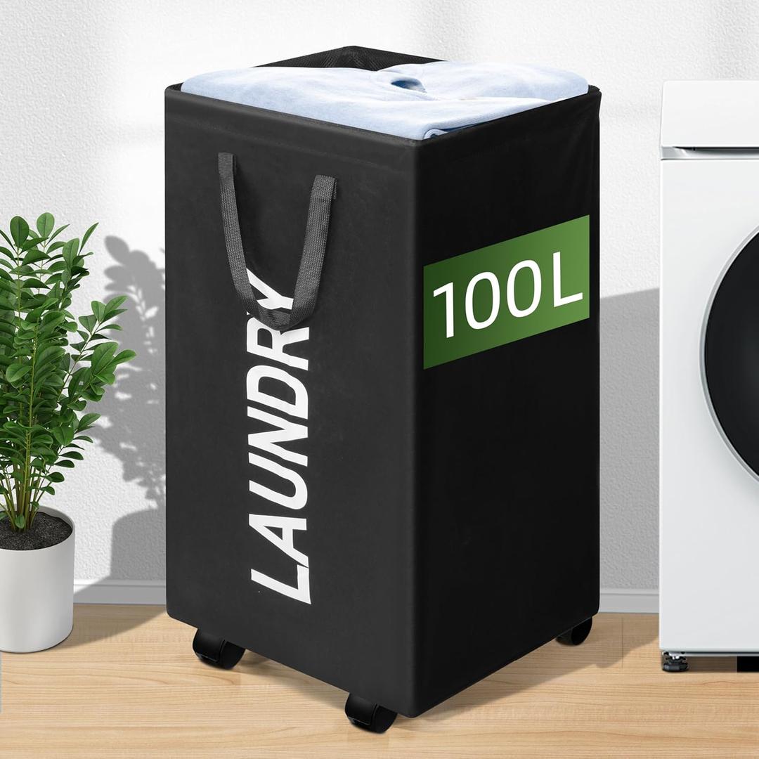 100L Large Laundry Basket with Wheels, 26 GAL Rolling Laundry Hamper with Handle, 30" Tall Rectangular Laundry Basket for Corner, Collapsible and Foldable, (Black)