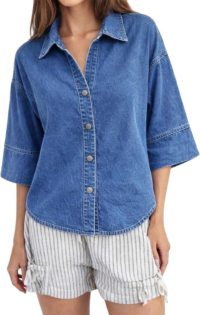 Denim Shirt Women Oversized Button Down Jean Blouse 3/4 Sleeve Casual Lightweight Short Top V Neck Shacket XXL